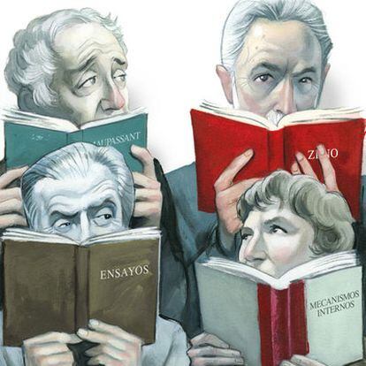 De izquierda a derecha y de arriba abajo, los escritores Harold Bloom, J. M. Coetzee, Aldous Huxley y Natalia Ginzburg, vistos por Fernando Vicente.