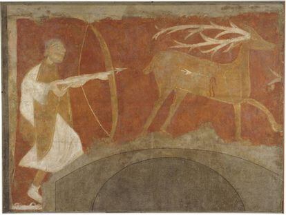Uno de los seis frescos procedentes de la ermita mozárabe de San Baudelio de Berlanga (Soria) que se exponen en el Museo del Prado (Madrid).
