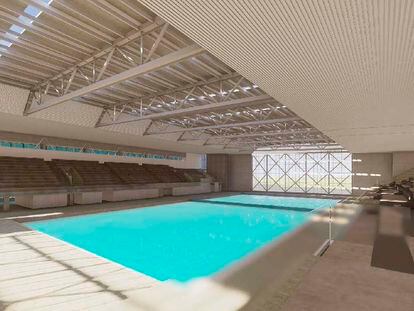 Imagen virtual de la piscina de competición del Centro Acuático Estadio Nacional de Chile.