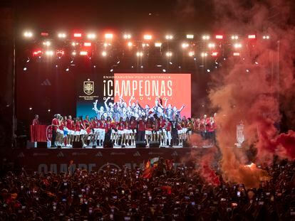La celebración de la selección femenina de futbol, campeonas del mundo, el lunes por la noche en Madrid