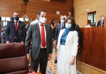 Ignacio Aguado, junto a Isabel Díaz Ayuso, esta semana, en el debate del estado de la región en la Asamblea de Madrid.