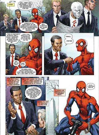 Avance de una de las páginas del número especial de Spiderman en el que aparece Obama.