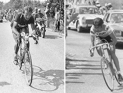 Hugo Koblet (a la izquierda), durante su histórica fuga en Agen y Brive en el Tour de 1950, y Luis Ocaña, en el de 1973.