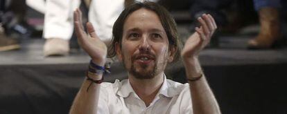 El l&iacute;der de Podemos, Pablo Iglesias, durante el acto de clausura de la Asamblea Ciudadana en el que han dado a conocer la nueva direcci&oacute;n.