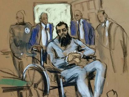 Ilustraci&oacute;n de Sayfullo Saipov, el mi&eacute;rcoles por la noche ante el tribunal.