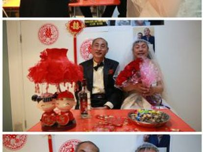 Una secuencia de imágenes del día de la boda de la pareja china conocida como 'Bebé Pequeño' y 'Bebé Grande', difundida por ellos mismos en las redes sociales.