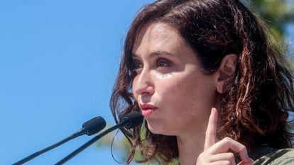 La presidenta de Madrid, Isabel Díaz Ayuso, durante la presentación de los candidatos a las elecciones municipales de la zona oeste, el domingo.