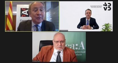 Image of the virtual press conference of the presidents of the audiovisual councils of Andalusia, Catalonia and the Valencian Community.