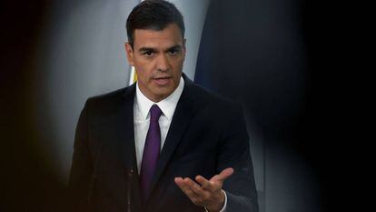 El presidente del Gobierno, Pedro Sánchez, durante una rueda de prensa en el Palacio de la Moncloa.