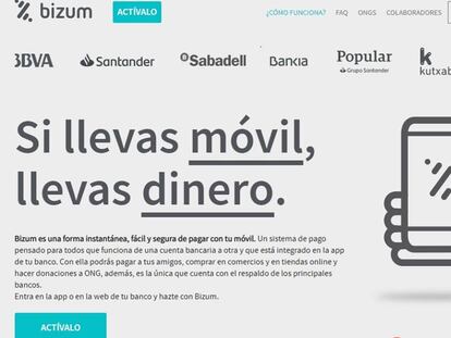 Página web de Bizum, sistema de pago por móvil de la banca española.