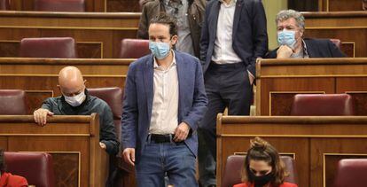 El vicepresidente segundo del Gobierno, Pablo Iglesias, durante el pleno en el que se debate la moción de censura planteada por Vox.
