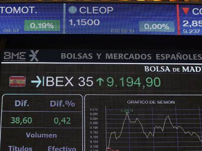 Vista de un panel de la Bolsa de Madrid del principal indicador de la Bolsa española, el IBEX 35.