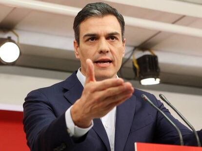 Pedro Sánchez en una rueda de prensa en la sede del PSOE en Madrid.