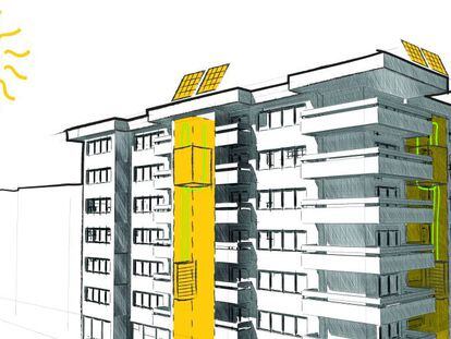 Proyecto de edificio con ascensor solar.