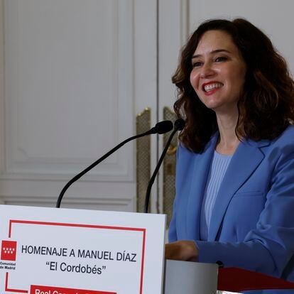 La presidenta de Madrid, Isabel Díaz Ayuso, en el homenaje del Ejecutivo autonómico a Manuel Díaz El Cordobés, este lunes en la Real Casa de Correos.