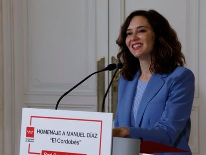 La presidenta de Madrid, Isabel Díaz Ayuso, en el homenaje del Ejecutivo autonómico a Manuel Díaz El Cordobés, este lunes en la Real Casa de Correos.