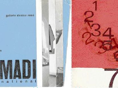 Composici&oacute;n de 1958 de Gyula Kosice para &#039;Grupo argentino Internacional Art Madi&#039; y, a la derecha, portada de &#039;7 pintores abstractos&#039; (1957).