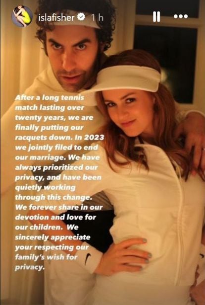 A foto em que Isla Fisher e Sacha Baron Cohen anunciaram o divórcio no Instagram, em 5 de abril de 2024.