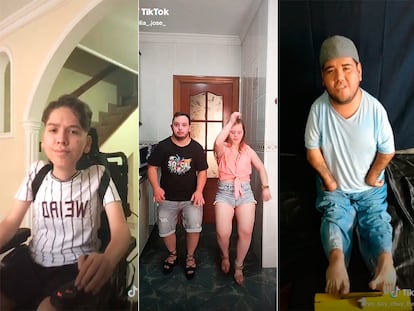 Cuatro creadores con algún tipo de discapacidad en vídeos recientes. De izquierda a derecha, @juan.pish, @celia_.jose_, @yo_soy_chuy_free_fire y @alanelruedas