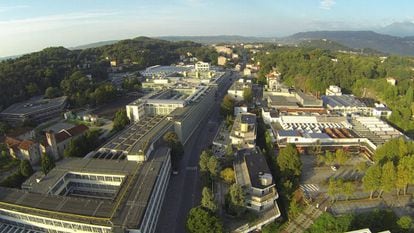 Vista aérea de la Ciudad Olivetti, con 27 edificios hoy declarados Patrimonio de la Humanidad por la Unesco.