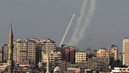 Palestinian militants fire rockets at Israel in Gaza.