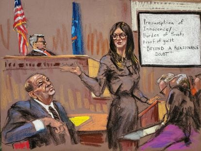Dibujo de la abogada de Harvey Weinstein, Donna Rotunno, junto al acusado en la corte.