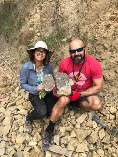 Mónica Carvalho y Fabiany Herrera colectando fósiles de hojas de después del impacto del asteroide.