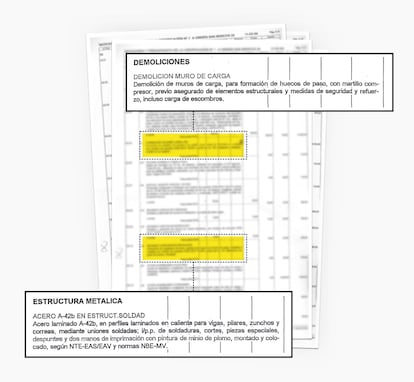 Epígrafes del certificado de obra de un local en en Madrid en los que figuran operaciones de envergadura que solo puede autorizar un arquitecto.