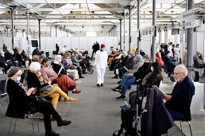 Waiting room for people who have received the AstraZeneca vaccine, on April 12 in Copenhagen.