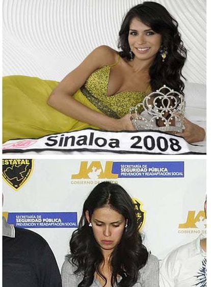 Composición de dos fotografías de Laura Elena Zúñiga Huizar, una como Miss Sinaloa, la otra tras su detención