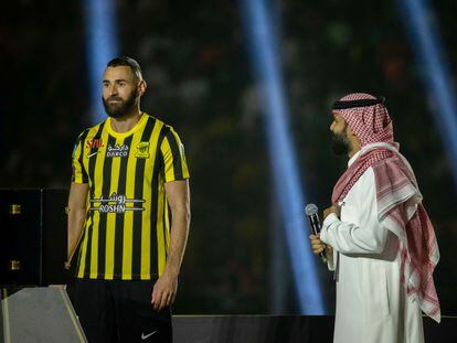 Karim Benzema, en su presentación el jueves como jugador del Al Ittihad saudí.
