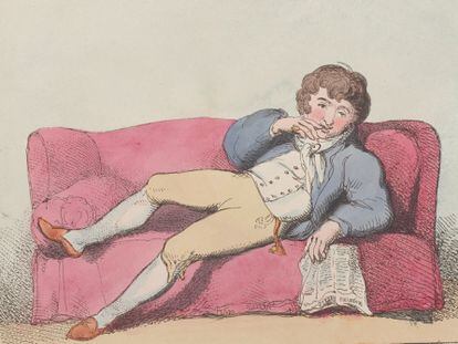 Ilustración de un hombre relajado en un sofá de 1802, firmada por Thomas Rowlandson.