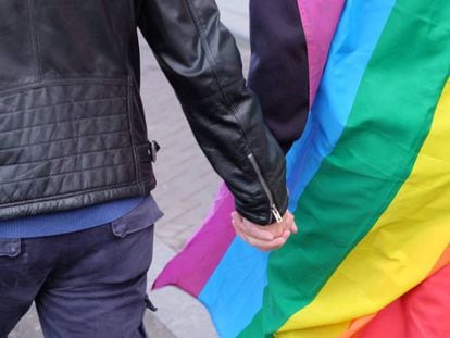 Una pareja se coge la mano con la bandera multicolor.