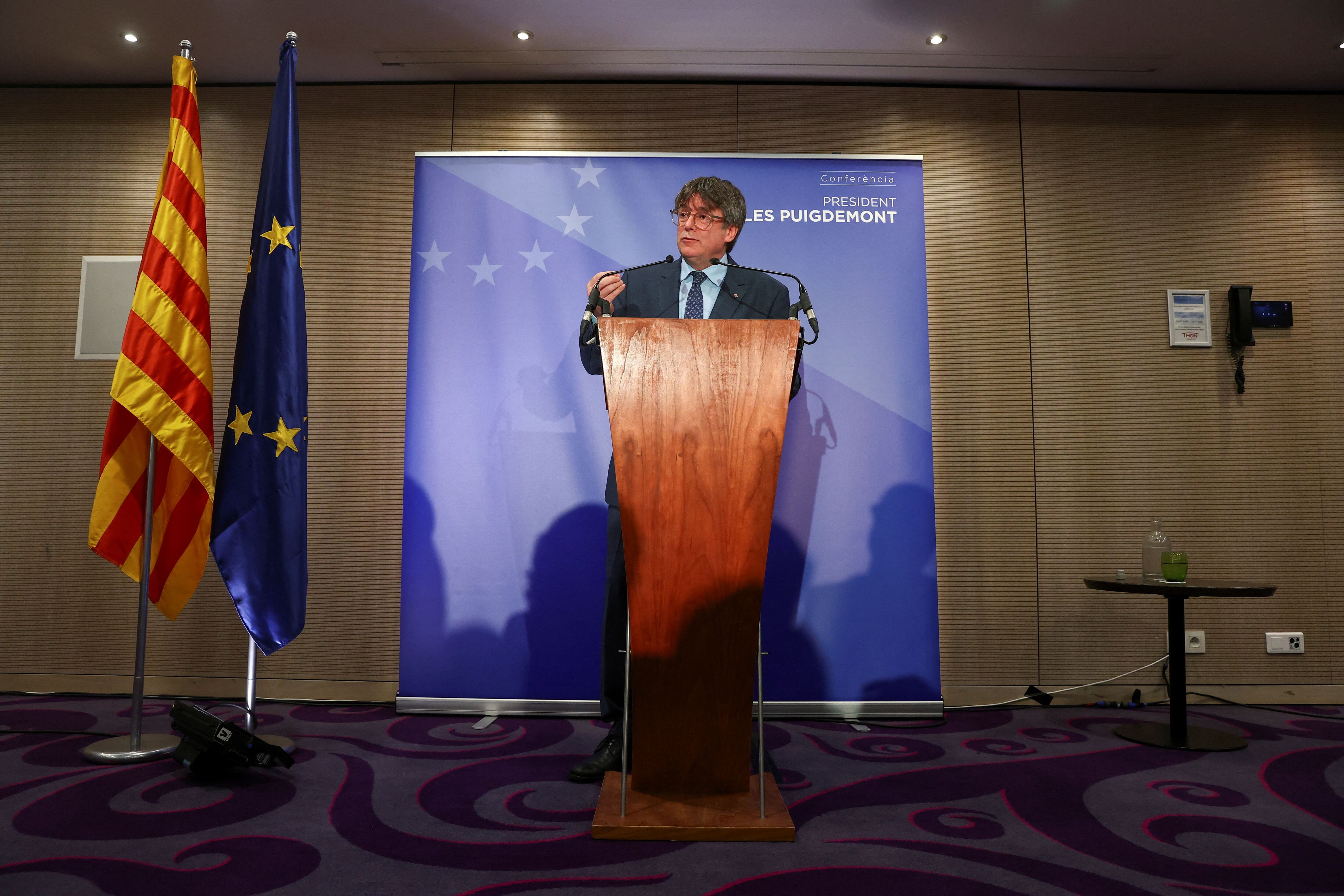 Catalan separatist leader Carles Puigdemont speaks during a press conference in Brussels, Belgium September 5, 2023. REUTERS/Yves Herman