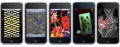 De izquierda a derecha, obras para el iPhone: <i>Dream machine, </i>de Brion Gysin; <i>Serendipitor</i>, de Mark Shepard; <i>Random Pollock,</i> de Miltos Manetas; <i>Vanitas,</i> de Auriea Harvey y Michael Samyn, y finalmente, <i>PhiLia,</i> de la artista Lia.