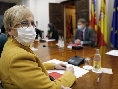 La consejera de Sanidad, Ana Barceló, durante la reunión de la Mesa Interdepartamental para la Prevención y Actuación ante la covid celebrada este jueves.
