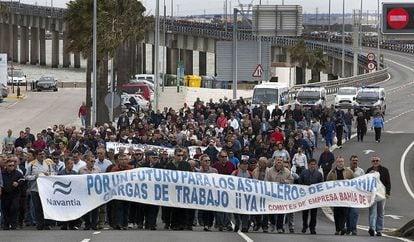 Protesta de trabajadores de la planta de Navantia en Puerto Real.