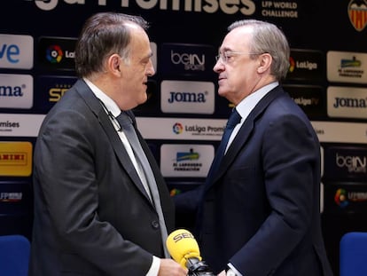 Javier Tebas, junto a Florentino Pérez, en la Cadena Ser.