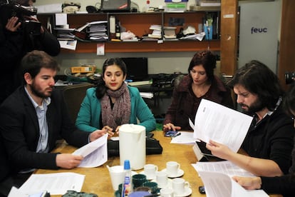 From left to right, then deputy and former student leader Giorgio Jackson, Karol Cariola, Camila Vallejo and Gabriel Boric, on June 2, 2014.