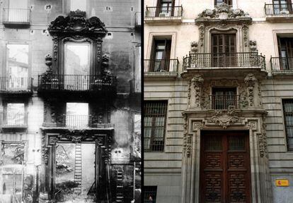 El palacio del Marquesado de la Torrecilla, en la calle de Alcalá, fue construido en la primera mitad del siglo XVIII por el arquitecto Pedro de Ribera, autor también del puente de Toledo o el cuartel del Conde Duque. El palacio fue posta de Correos, sede del Círculo de Bellas Artes y del Centro Asturiano. Durante la Guerra Civil fue víctima de bombardeos tan intensos (por estar justo al lado de la sede de la Junta de Defensa) que solo dejaron en pie su fachada (fotografía de la izquierda). Después de la guerra, el edificio se incorporó al contiguo Ministerio de Hacienda, pero conservando una parte de la fachada, que hoy corresponde al número 5 de la calle de Alcalá (imagen de la derecha).