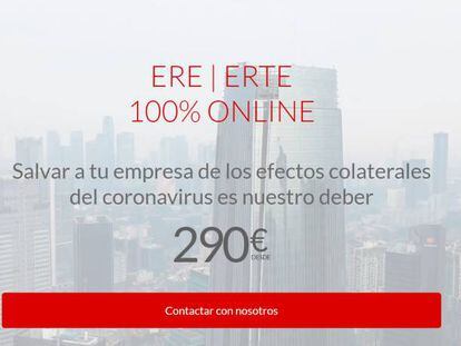Imagen de la portada de la web www.eredirect.es en la que se anuncian los ERE y ERTE a partir de 290 euros.