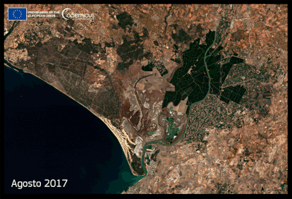 Imágenes satelitales de Copernicus de Doñana hechas entre 2017 y 2022 que muestran la evolución del parque y sus lagunas.