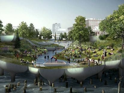 UNa recreación digital de la futura Diller Island, un jardín urbano y un ambicioso centro cultural que costará 250 millones de dólares.