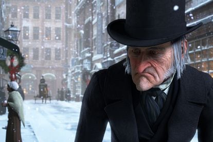 Jim Carrey como el solitario y egoísta Ebenezer Scrooge en la adaptación de ‘Cuento de Navidad’.