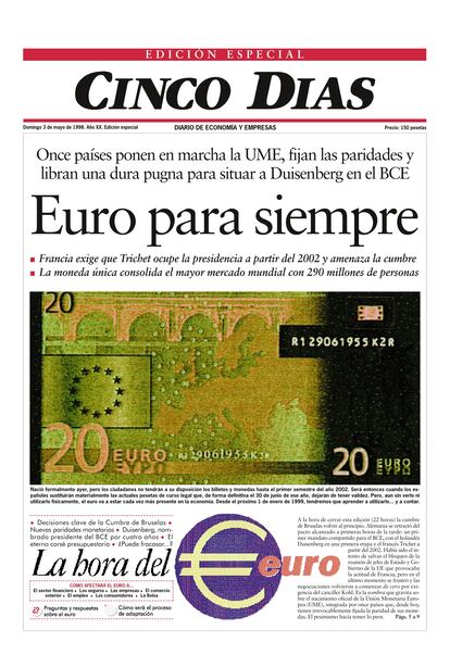 1998: España entra en el euro. Los esfuerzos por conseguir los objetivos de estabilidad fijados por el Tratado de Maastricht, fundamentalmente en deuda, déficit e inflación, para equiparar las condiciones de los miembros de la Unión Monetaria concluyeron con la integración en el euro en una cumbre de mayo de 1998. Muere la peseta, llega el euro. Un euro: 166,386 pesetas.