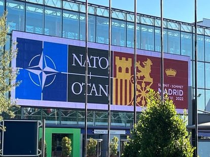 El logo de la cumbre de la OTAN en la Feria de Madrid, el pasado día 1.