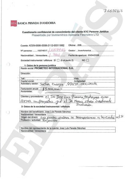 Documento confidencial 'know your customer' (conozca a su cliente) vinculado a la cuenta en la BPA del exdirectivo de PDVSA José Luis Parada.