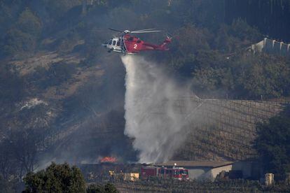 Un helicóptero de los bomberos apaga el fuego que afecta al viñedo propiedad de Rupert Murdoch en el barrio de Bel Air, en California.