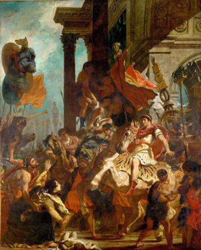 En La justicia de Trajano (1840), Delacroix recrea este episodio en el que Trajano, antes de partir a la guerra, atiende a una mujer que pide justicia para su hijo.