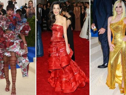 Rihanna, en la gala de 2017, Amal Clooney, en 2015, y Donatella Versace, en 2017.